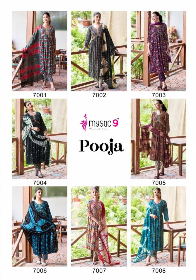 Pooja Vol 7 By Mystic 9 Rayon Aliya Cut Kurti With Bottom Dupatta Wholesale Online
